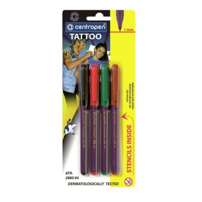 Маркеры Centropen Tattoo (для татуировок) 1мм + трафарет, набор 4 цвета, 2880